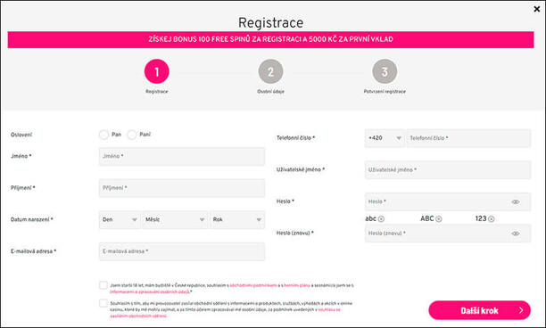 Vyplnění registračního formuláře
